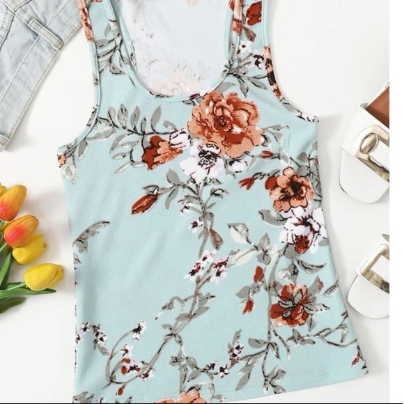 New Woman’s Spring Summer Boho Mint Blue Floral Print Racerback Casual Tank Top - Picture 7 of 11